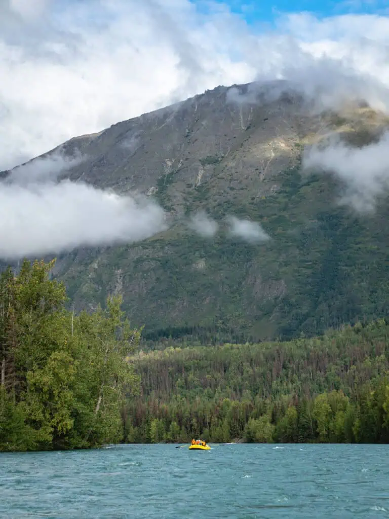 Zoomed out view of a raft on the Kenai River