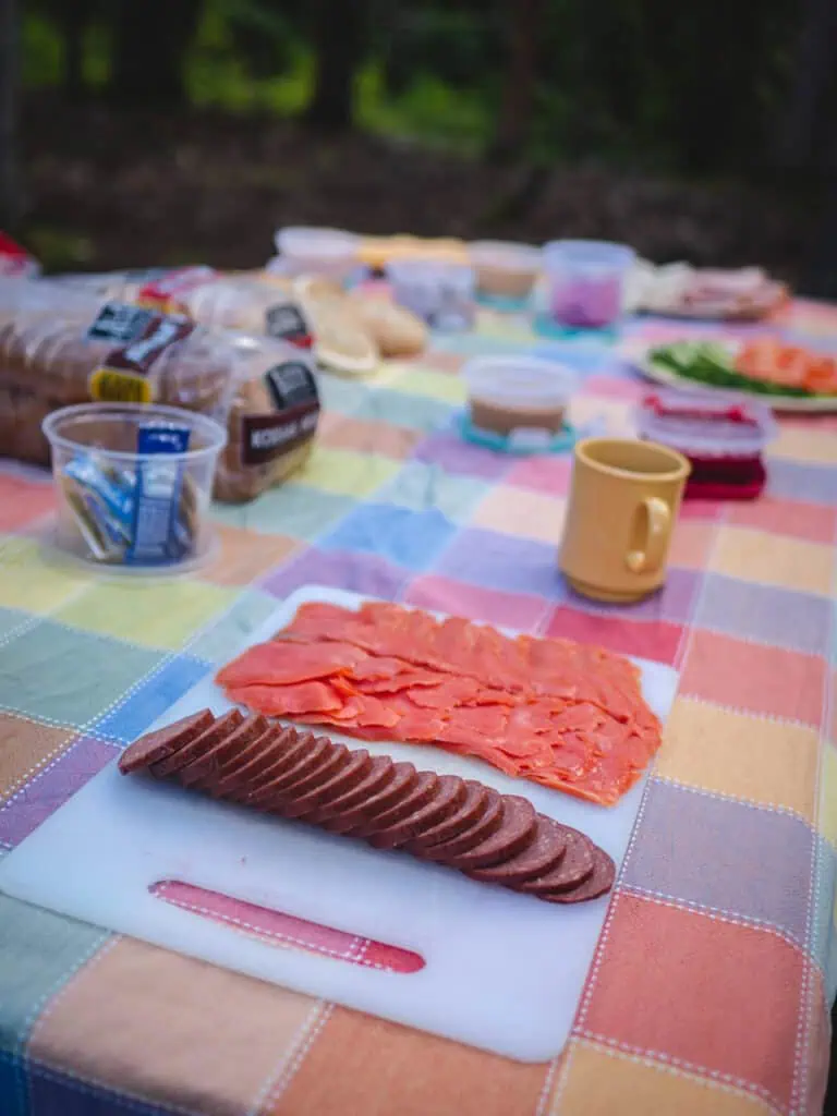 Delicious and fresh sandwich fixings during lunch on the Full-Day Kenai Canyon Raft trip